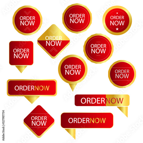 Order Now Red and Golden Sales and Promotional Badges Flat Vector