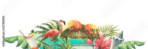 Photography Horizontal frame with tropical plants and flowers, pink flamingo, beach bar, yacht and sunglasses