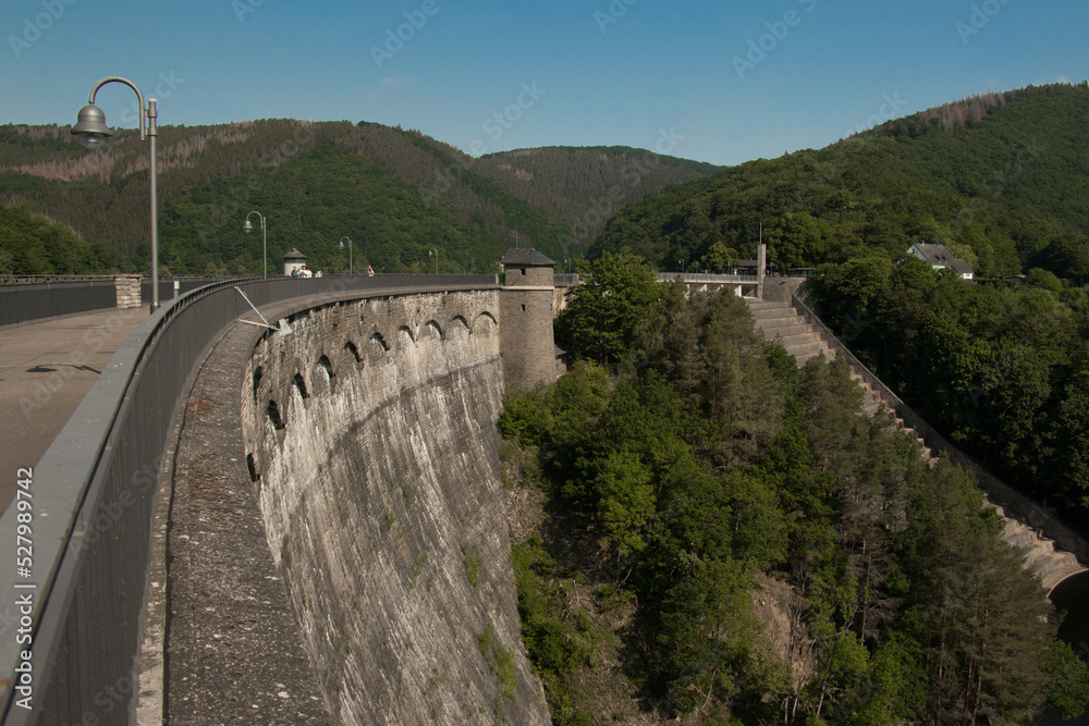 Panorama of the dam and surrounding countryside in summer on a clear sunny day