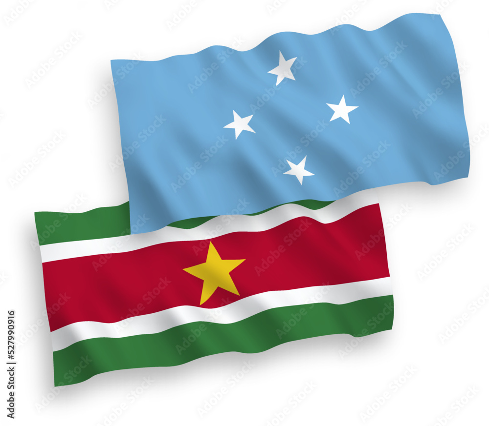National vector fabric wave flags of Federated States of Micronesia and Republic of Suriname isolated on white background. 1 to 2 proportion. National vector fabric wave flags of Federated States of Micronesia and Republic of Suriname isolated on white background. 1 to 2 proportion.