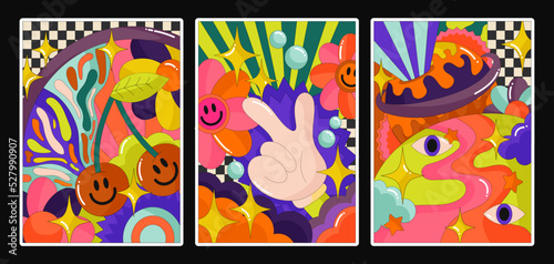 Wallpaper Mural 90s groovy posters. Cartoon psychedelic style. Bright hippie characters and retro elements. Trip landscapes with mountains, sun rays, planet, trip wave. Vector collection Torontodigital.ca