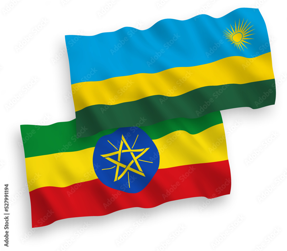Obraz premium National vector fabric wave flags of Republic of Rwanda and Ethiopia isolated on white background. 1 to 2 proportion.