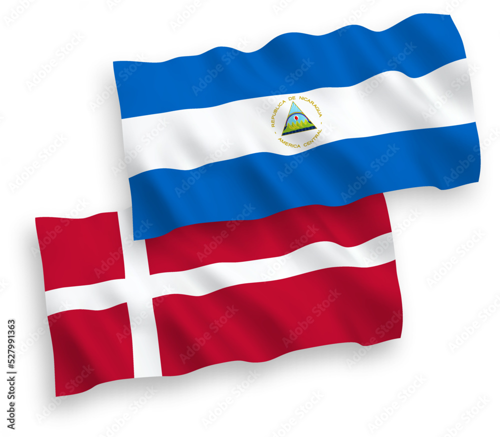 National vector fabric wave flags of Denmark and Nicaragua isolated on white background. 1 to 2 proportion.