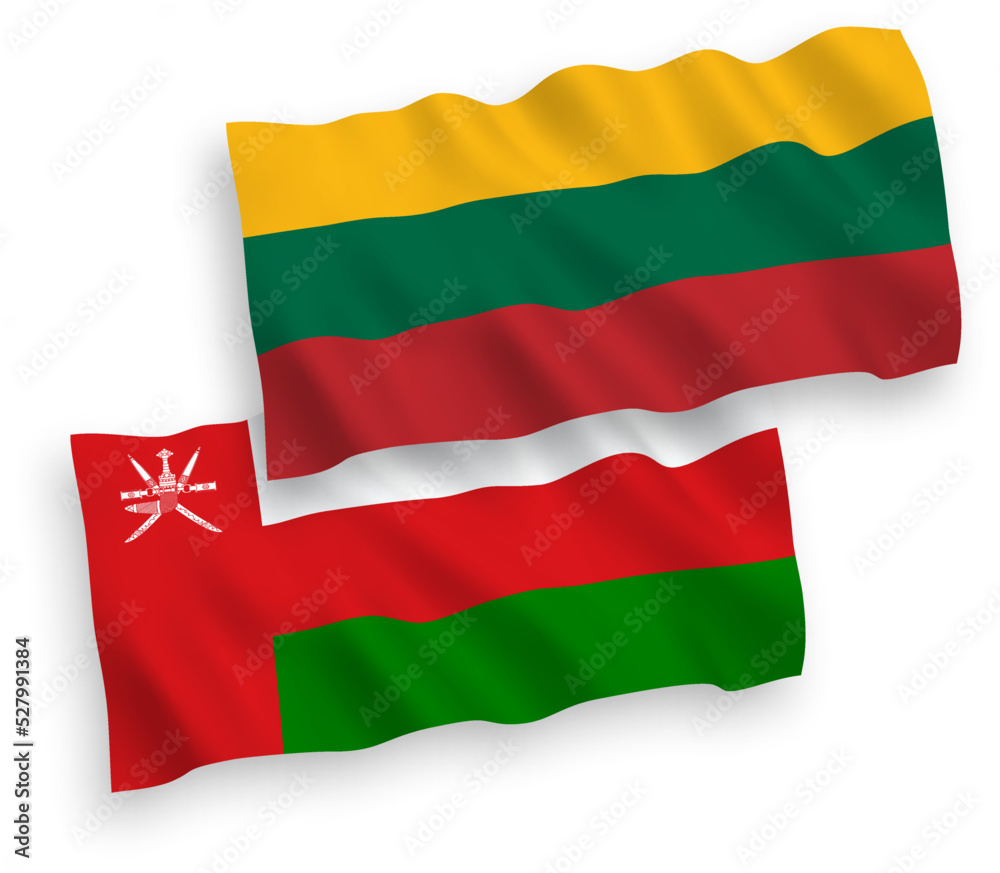 National vector fabric wave flags of Lithuania and Sultanate of Oman isolated on white background. 1 to 2 proportion. National vector fabric wave flags of Lithuania and Sultanate of Oman isolated on white background. 1 to 2 proportion.
