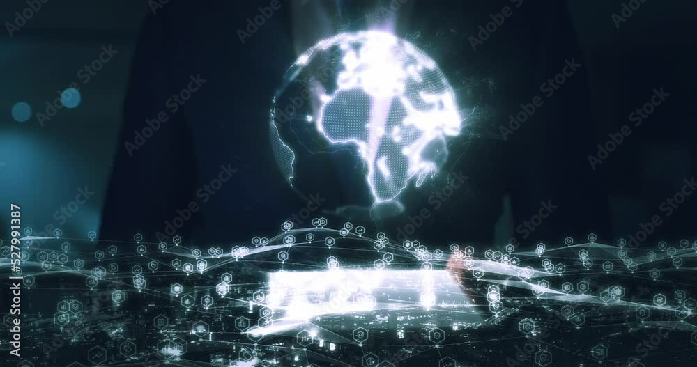 Global, 3D VR and big data on digital tablet with businessman in dark for information technology or international company software. Cyberpunk fintech, crypto trading or an ai innovation matrix system Global, 3D VR and big data on digital tablet with businessman in dark for information technology or international company software. Cyberpunk fintech, crypto trading or an ai innovation matrix system