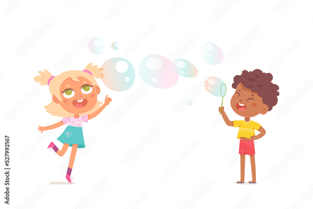 Kids play with soap bubbles, adorable girl jumping for big spheres, boy holding stick Kids play with soap bubbles, adorable girl jumping for big spheres, boy holding stick