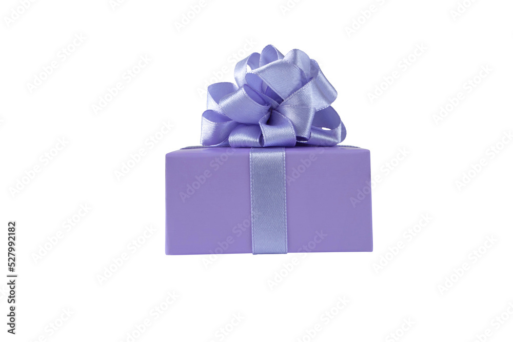 Obraz premium Purple gift box with satin ribbon bow side view isolated transparent png. Spring holidays present.