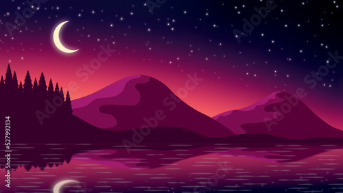 night landscape with mountains tree lake night sky stars and moon