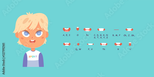 Mouth animation set for boy character vector illustration. Cartoon isolated lips sync and cute children pronounce and study English alphabet, pronunciation speech poses on blue background