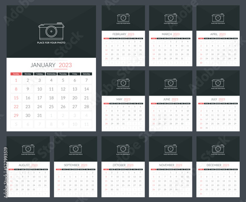2023 Calendar template, week starts on Sunday, a3 size, place for your photo