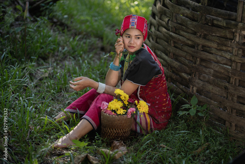 Konstfotografi Beautiful Asian young tribal lady in the native traditional dress culture of Karen people minority ethnic culture