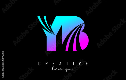 Creative colorful pink and blue letters YB y b logo with leading lines and road concept design. Letters with geometric design.