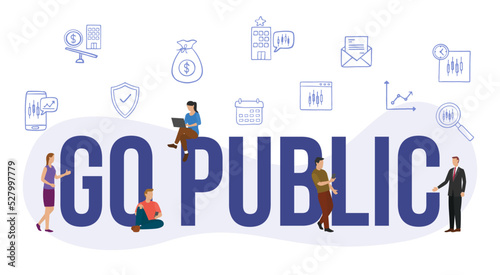 go public stock market concept with big word or text and people with modern flat style