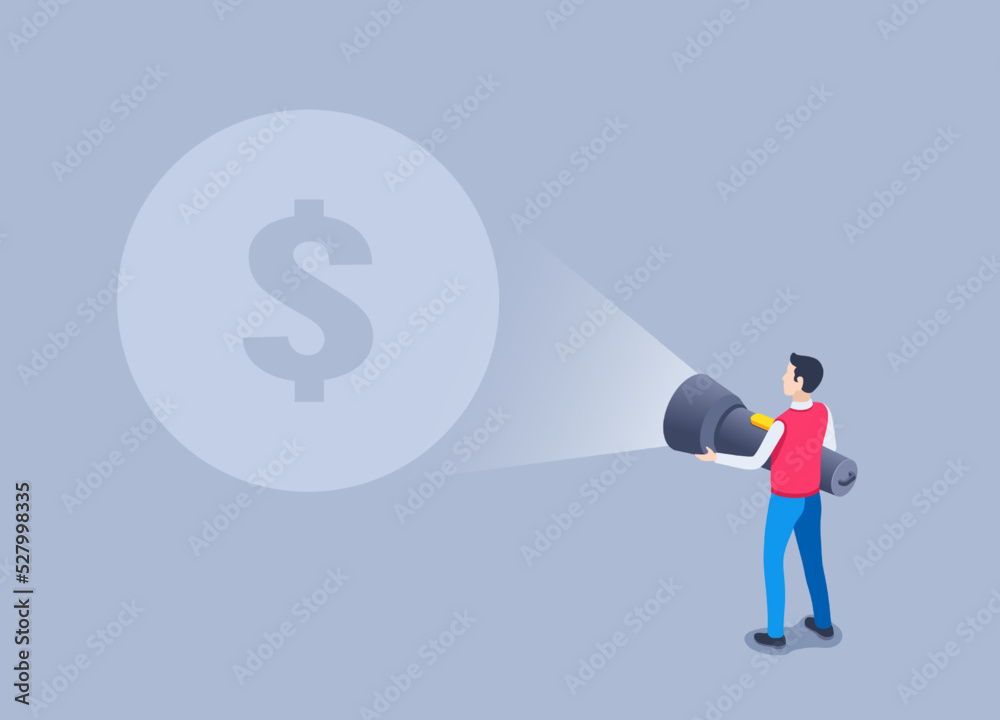 isometric vector illustration on a gray background, a man with a big flashlight shines on the dollar icon, financial search or the path to wealth