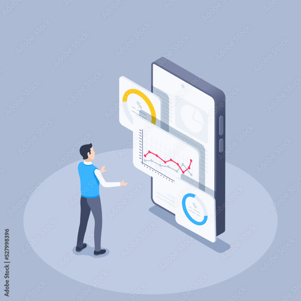 isometric vector illustration on a gray background, a man in business clothes stand near a smartphone on the screen of which windows with charts are open, work with statistical data isometric vector illustration on a gray background, a man in business clothes stand near a smartphone on the screen of which windows with charts are open, work with statistical data