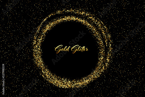 Shiny golden circle frame, sparkling golden frame on black background. Festive border. Vector illustration.