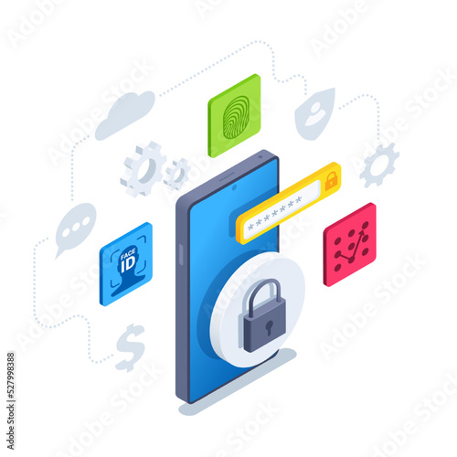 isometric vector illustration isolated on white background, smartphone with padlock and fields for various secure phone access systems, face or fingerprint or password protection