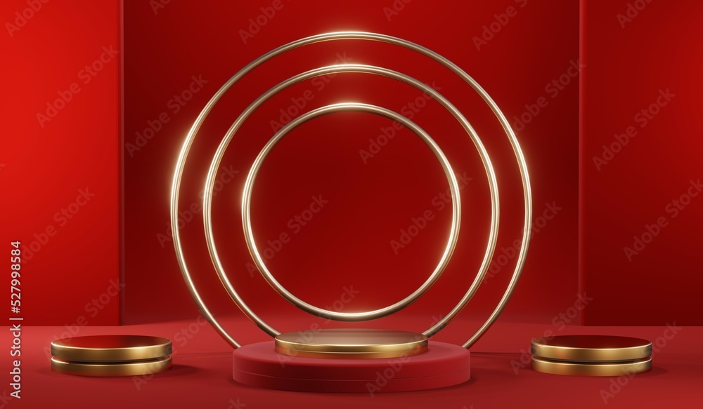 Fototapeta premium 3D rendering of blank product background for cream cosmetics Modern red podium background