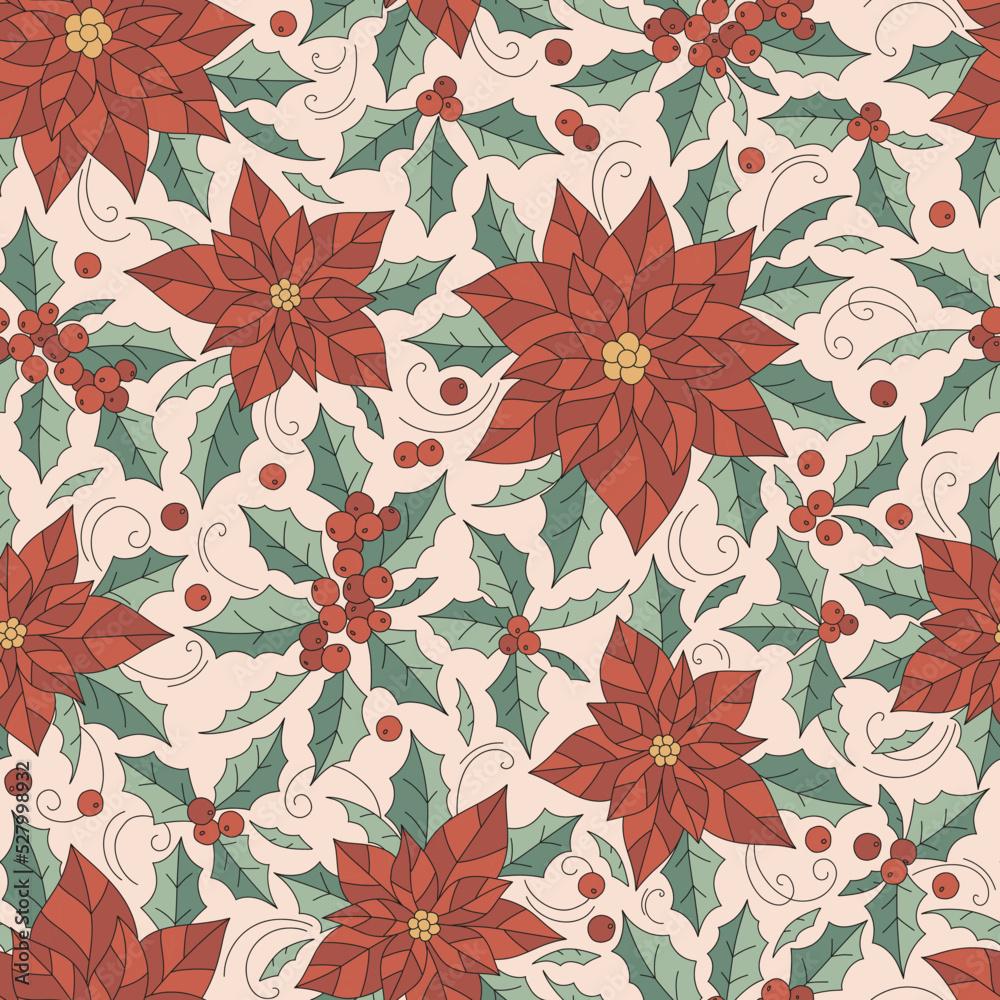 Poinsettia flower Holly berry Xmas plant vector seamless pattern. Hippie Vintage holiday season floral decoration background. Merry Christmas surface design for gift wrapping paper. Poinsettia flower Holly berry Xmas plant vector seamless pattern. Hippie Vintage holiday season floral decoration background. Merry Christmas surface design for gift wrapping paper.