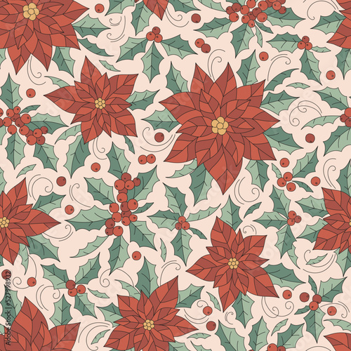 Poinsettia flower Holly berry Xmas plant vector seamless pattern. Hippie Vintage holiday season floral decoration background. Merry Christmas surface design for gift wrapping paper.