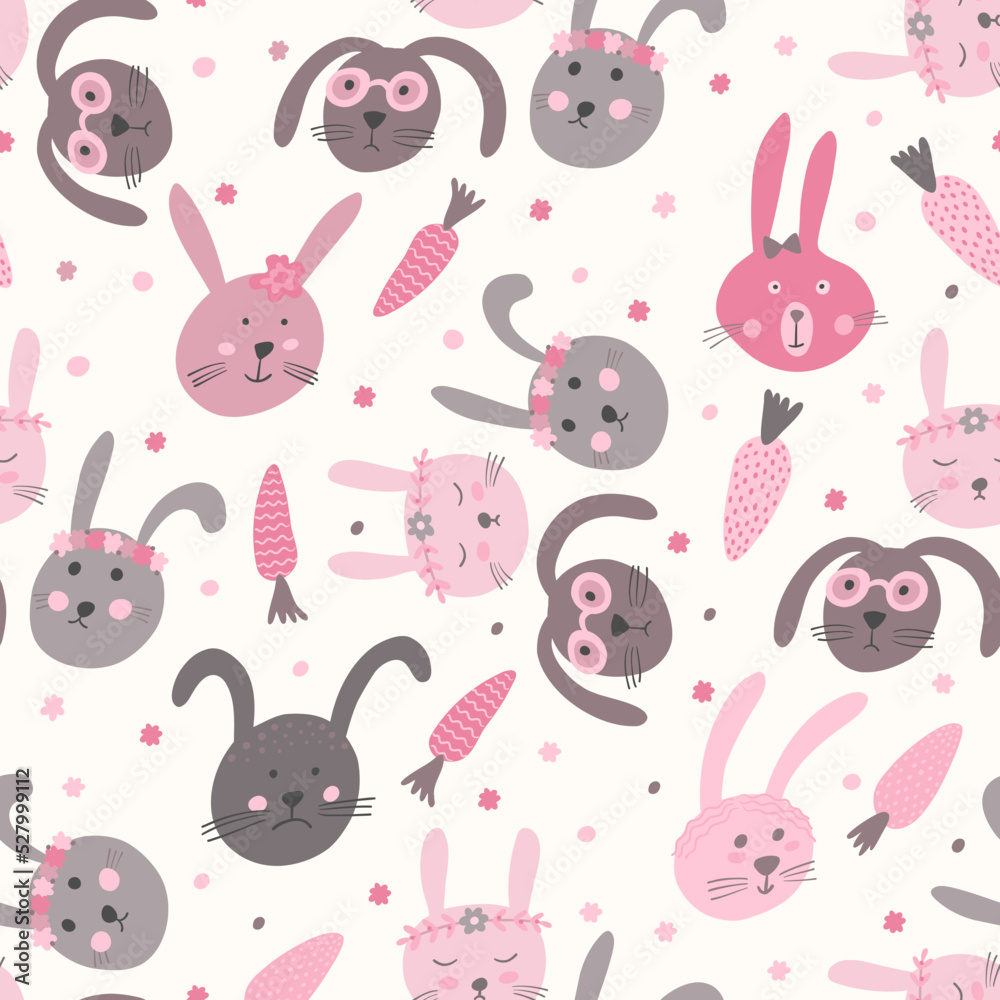 Seamless easter bunnies or new year holiday party vector pattern with gray and pink rabbit faces and carrots on white background for festival wrapping or gift paper. Kids apparel for new borns
