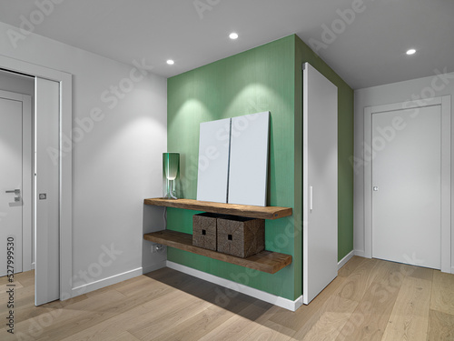 interior view of entrance  of an apartment in the foreground two wooden shelves