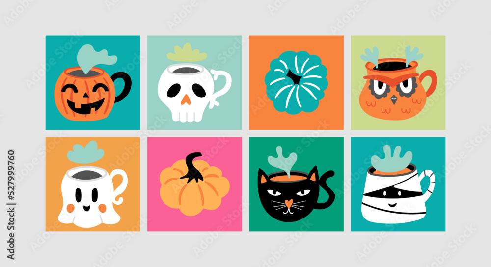 Fototapeta premium Halloween holiday cute pumpkin and coffee cup set. Childish print for cards, stickers, party invitation and decoration. Vector illustration