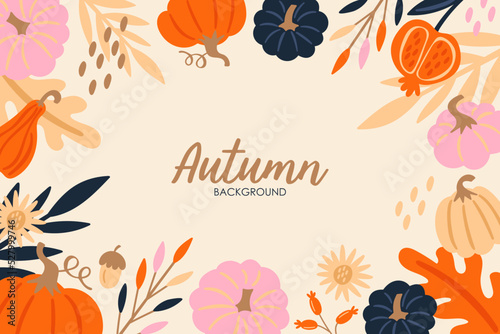 Autumn frame border banner design with pumpkin; leaves and berries. Childish print for cards, poster and background. Vector Illustration