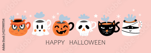 Halloween holiday banner design with cute coffee cup set. Childish print for cards, stickers, party invitations and decoration. Vector illustration