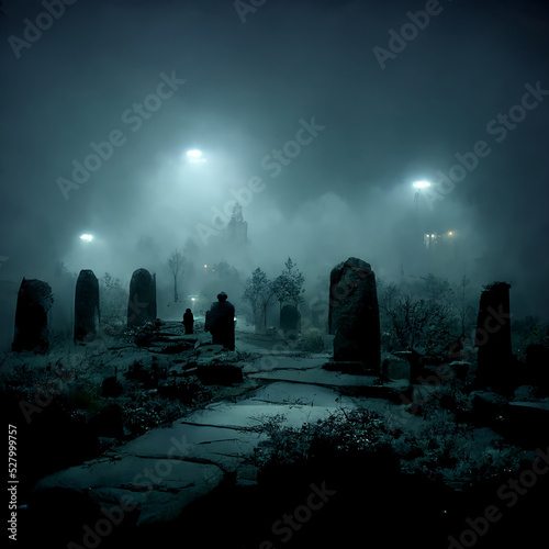 Leinwand Poster Cemetery at night in the fog. Horror Halloween background