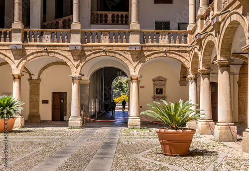 Palermo  Italy - July 6  2020  Courtyard of Palazzo dei Normanni  Palace of the Normans  Palazzo Reale  in Palermo city. Royal Palace was the seat of the Kings of Sicily during the Norman domination