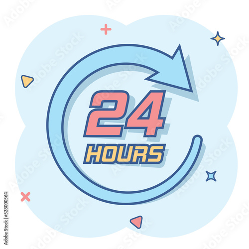 Vector cartoon twenty four hour clock icon in comic style. 24/7 service time concept illustration pictogram. Around the clock business splash effect concept.
