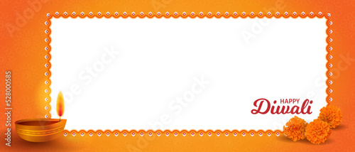 Traditional Happy Diwali puja Horizontal background design with Diya, marigold flowers. Realistic frame template Hindu festival vector illustration. Text message. Website header, invitation, promotion