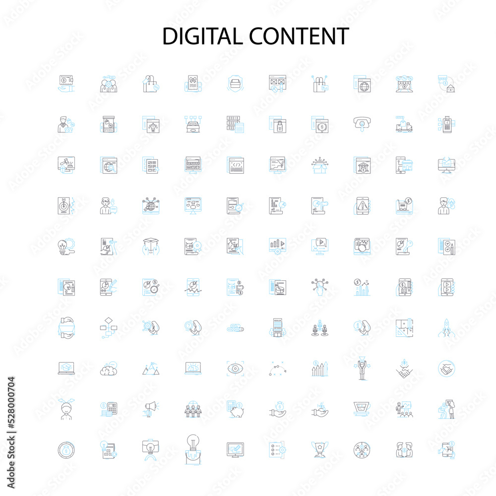 digital content icons, signs, outline symbols, concept linear illustration line collection