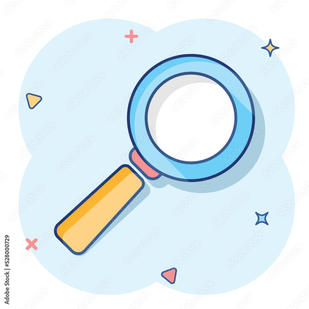 Vector cartoon magnifying glass icon in comic style. Search magnifier illustration pictogram. Find search business splash effect concept. Vector cartoon magnifying glass icon in comic style. Search magnifier illustration pictogram. Find search business splash effect concept.