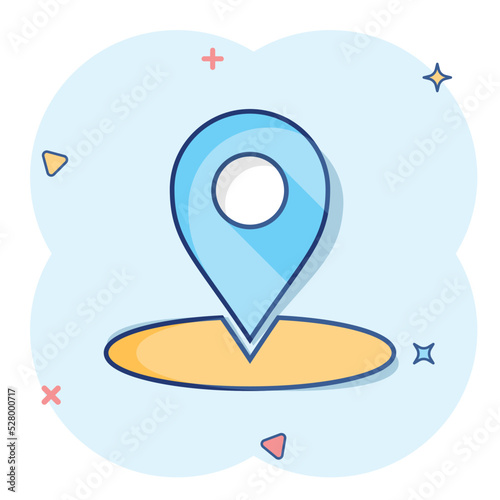 Vector cartoon map pointer icon in comic style. Gps navigation mark illustration pictogram. Pointer destination business splash effect concept.