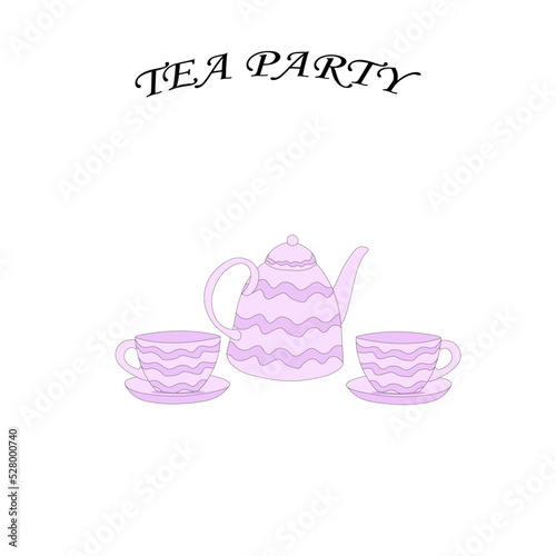 set teapot teapot and purple cups. Tea party vector illustration