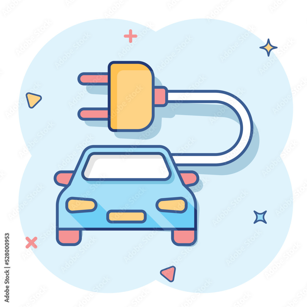 Vector cartoon electro car icon in comic style. Electric automobile vehicle illustration pictogram. Ecology car sedan splash effect concept. Vector cartoon electro car icon in comic style. Electric automobile vehicle illustration pictogram. Ecology car sedan splash effect concept.