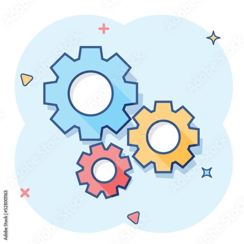 Vector cartoon gear icon in comic style. Cog wheel concept illustration pictogram. Gearwheel cogwheel business splash effect concept.