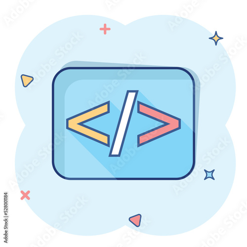 Vector cartoon open source icon in comic style. Api programming concept illustration pictogram. Programmer technology business splash effect concept.