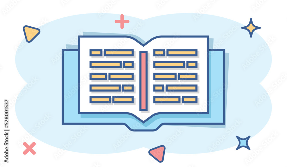 Vector cartoon open book icon in comic style. Text book concept illustration pictogram. Education library business splash effect concept. Vector cartoon open book icon in comic style. Text book concept illustration pictogram. Education library business splash effect concept.