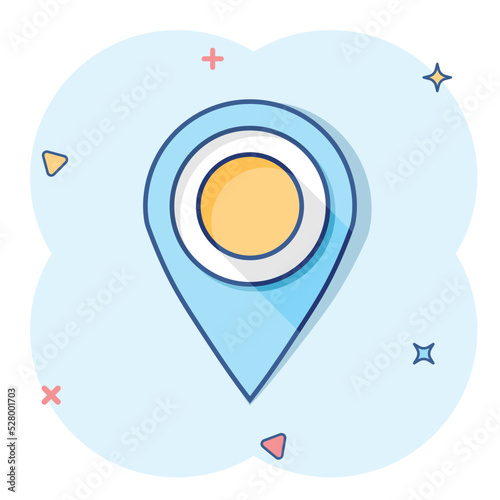 Vector cartoon map pointer icon in comic style. Gps navigation mark illustration pictogram. Pointer destination business splash effect concept.