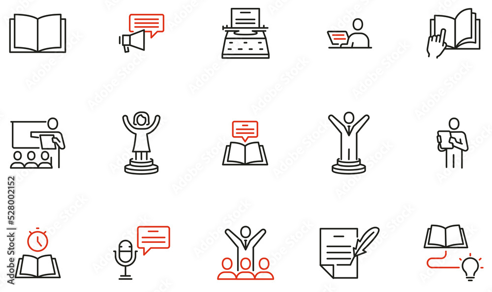 Vector Set of Linear Icons Related to Storytelling, Motivation Story and Persuasiveness. Mono line pictograms and infographics design elements Vector Set of Linear Icons Related to Storytelling, Motivation Story and Persuasiveness. Mono line pictograms and infographics design elements
