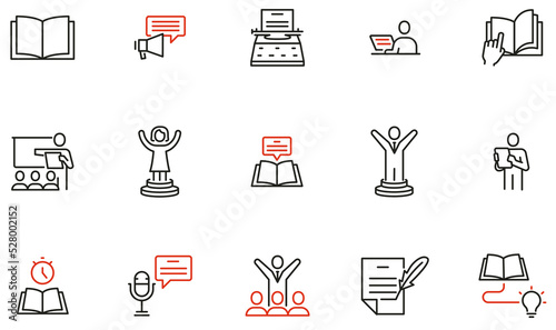 Vector Set of Linear Icons Related to Storytelling, Motivation Story and Persuasiveness. Mono line pictograms and infographics design elements