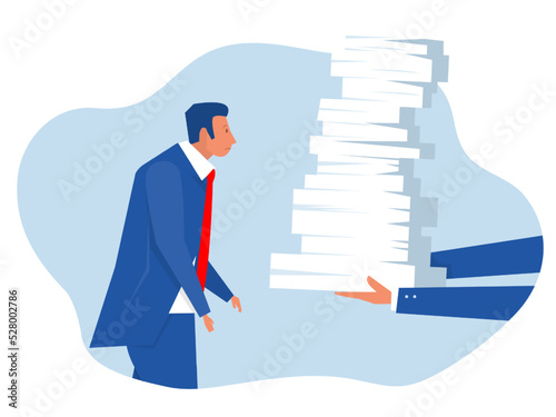 businessman hard work,man stress with hand holding piles of paper document overload work