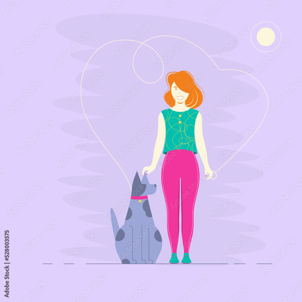 Girl and dog for a walk. The concept of active recreation and care for animals. Professional dog walking. Vector illustration. Flat style..