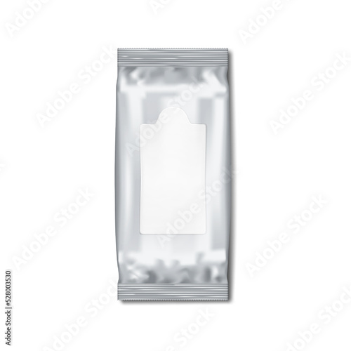 Wet wipes flow pack realistic vector mock-up. Blank white flushable cleaning wipe pillow packaging mockup. Template for design