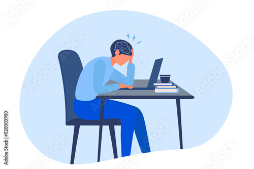 Stressed man working hard. Headache and exhausted vector illustration