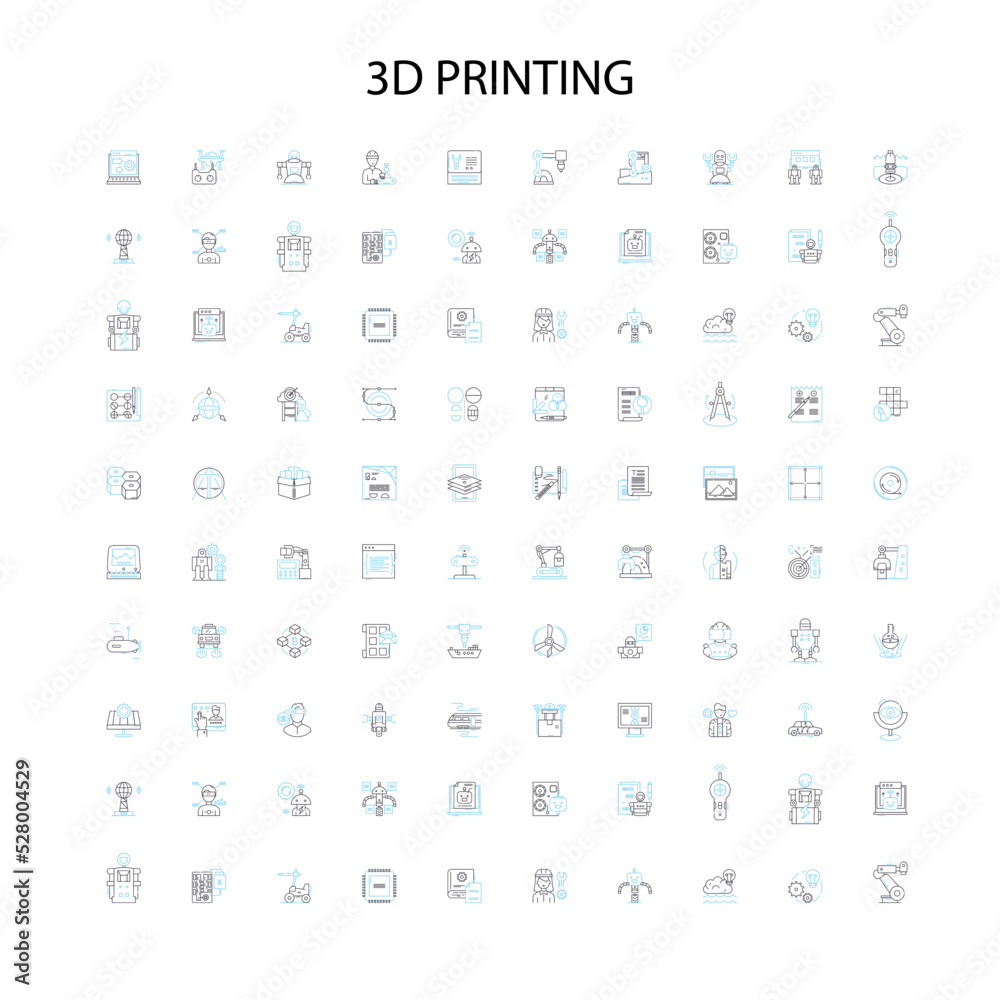 3d printing icons, signs, outline symbols, concept linear illustration line collection 3d printing icons, signs, outline symbols, concept linear illustration line collection