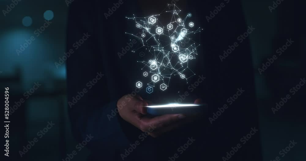 Smartphone, ai system and 3D hologram of networking or big data for information technology, cyber security or scifi background. Futuristic IT expert hand in dark with digital cyberpunk software app